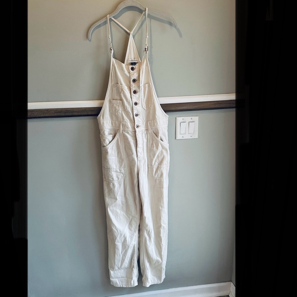 Pilcro Anthropologie Painters Denim Button Front Cream Ivory Overalls​​​​​​​​